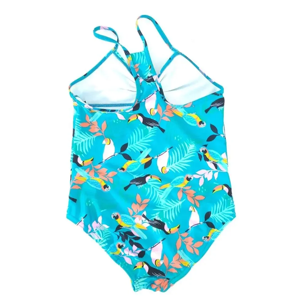 Speedo Girls Bathing Suit One Piece Tropical Toucan Birds Racerback Thin Staps